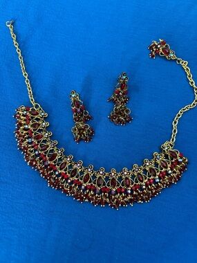 Gold-Tone Red Crystal Bib Necklace with Matching Earrings
